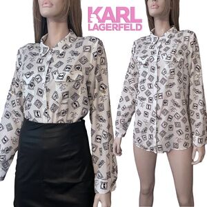 Karl Lagerfeld Paris Shirt Blouse Graphic Travel Graffiti Print Eiffel Tower